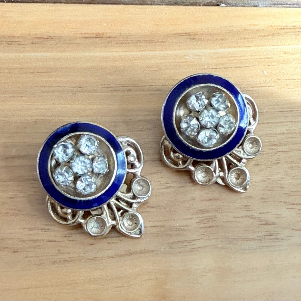 Mid Century Vintage Blue Enamel Rhinestone Clip On Earrings Retro